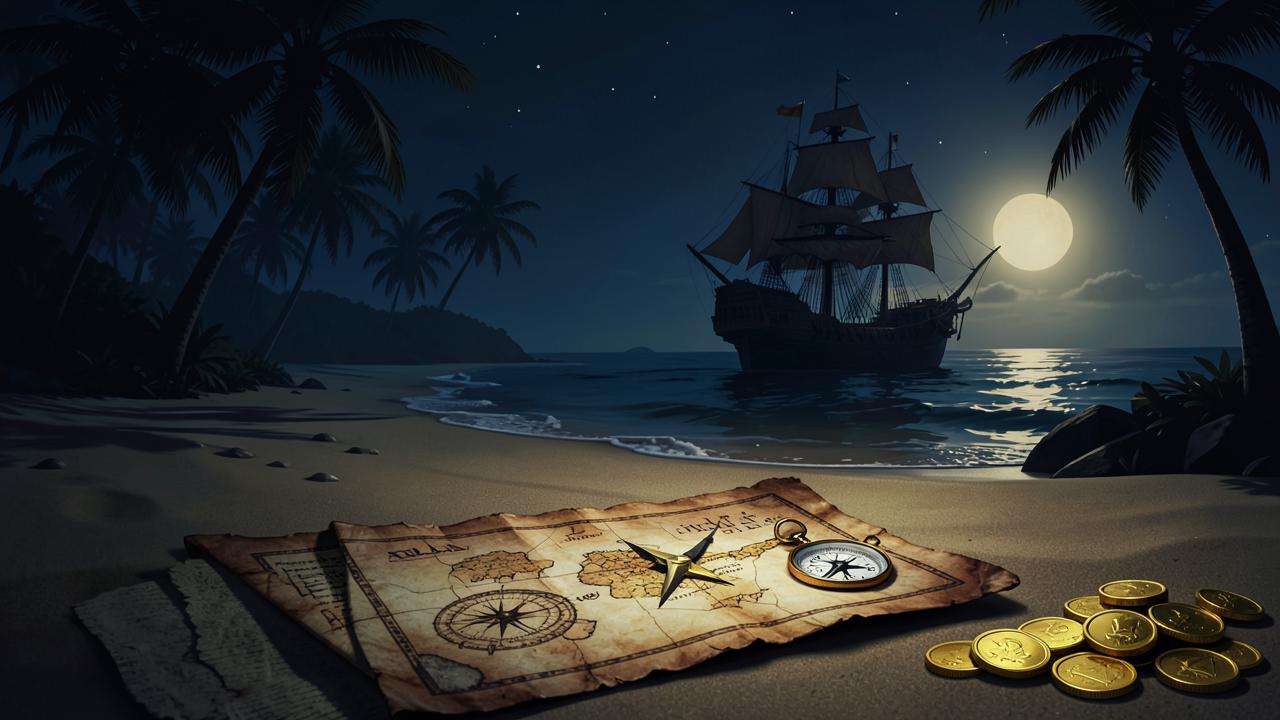 Espaço reservado para print do jogo: ilustração de praia à noite com navio